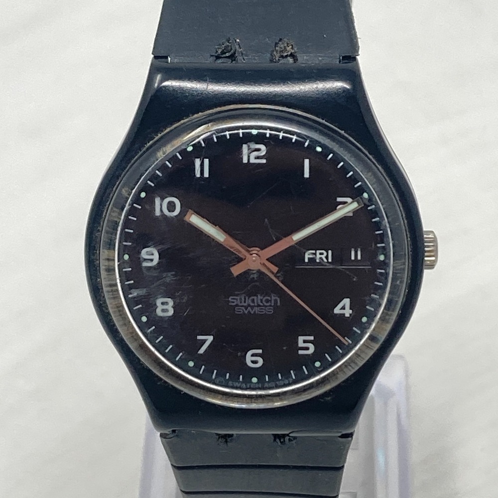 Vtg Swatch Espresso Watch Unisex Day Date 34mm Black Swiss GB737 New Batter 8.5"
